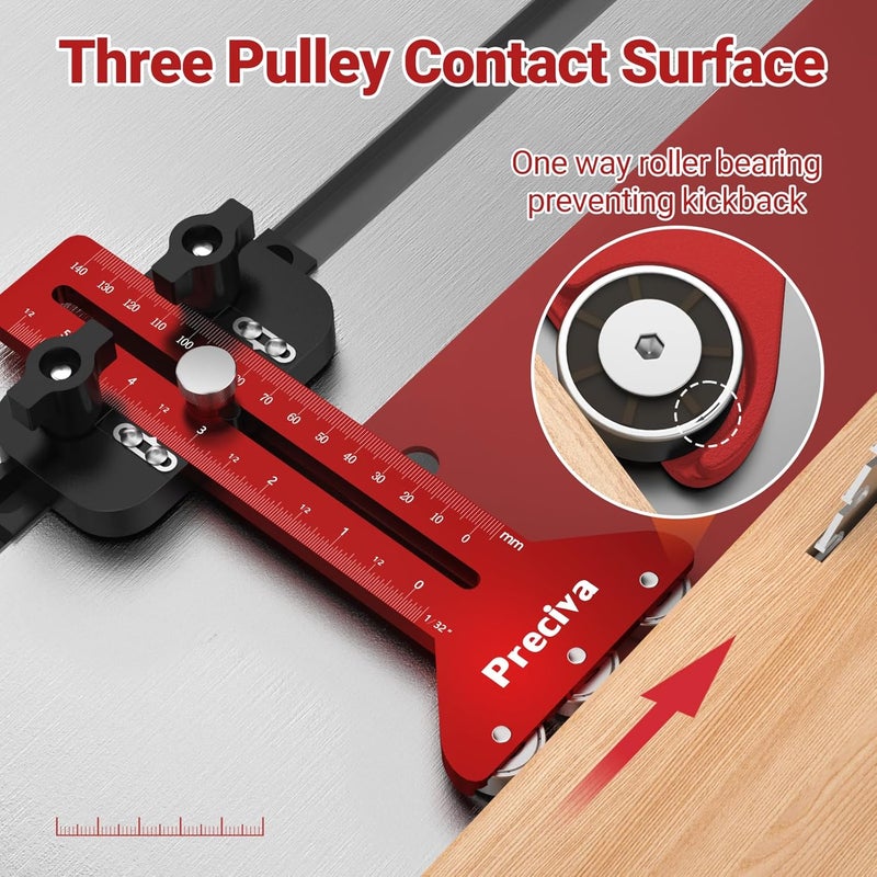 Preciva Thin Rip Table Saw Jig - 3 Pulleys Thin Rip Jig for Making Repetitive Narrow Strip Cuts, Table Saw Guide Fits for 3/8“ x 3/4” U Slot T Slot and 1/4“ x 3/8” T Slot Red - Image 2